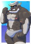  ahab_(tas) anthro body_hair bovid bovine bulge chest_hair clothing hair hat headgear headwear hi_res horn lifewonders male mammal mature_male nimonotaka solo speedo swimwear tokyo_afterschool_summoners true_buffalo ursid video_games water_buffalo white_hair 