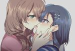  2girls after_kiss aizawa_yasumi aoi_shiro aoiro_050 blue_hair blush brown_hair character_request commentary_request eye_contact eyebrows_visible_through_hair green_eyes hair_ornament hair_over_shoulder hairclip looking_at_another medium_hair multiple_girls saliva saliva_trail short_hair tongue yuri 