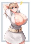  absurdres annoyed arms_behind_head belt blue_eyes blush breasts cleavage dress eyebrows_visible_through_hair highres huge_breasts intrepid_(kancolle) kantai_collection light_brown_hair nipple_slip nipples partially_unbuttoned ponytail short_sleeves simple_background sinape solo squiggle 