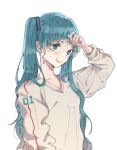  1girl blue_eyes blue_hair commentary_request hagimorijia hand_up hatsune_miku highres long_hair long_sleeves parted_lips shirt simple_background solo sweat twintails upper_body vocaloid white_background white_shirt wiping_forehead 