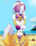  2021 anthro bandai_namco beach bikini blue_eyes breasts claws clothed clothing detailed_background digimon digimon_(species) female fluffy fluffy_tail fur hair hi_res holding_object multicolored_body multicolored_fur open_mouth open_smile partially_clothed purple_hair renamon savageshark seaside smile solo swimwear teeth two_tone_body two_tone_fur white_body white_fur yellow_body yellow_fur 