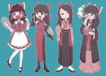  5girls @_@ alternate_costume apron bangs black_coat black_eyes black_gloves black_hair black_legwear blue_background blunt_bangs bow bowtie brown_eyes brown_hair cellphone china_dress chinese_clothes cleaver closed_mouth coat commentary_request cookie_(touhou) dress eating elbow_gloves eyebrows_visible_through_hair flip_phone food frilled_apron frilled_bow frilled_hair_tubes frills fruit full_body geta gloves hair_bow hair_tubes hakurei_reimu haori high_heels highres hita_(hizokuseikogeki) holding holding_knife holding_tray hotaruda_(cookie) japanese_clothes kimono knife long_hair looking_at_viewer looking_to_the_side miko minigirl multiple_girls noel_(cookie) open_mouth pantyhose peach phone pink_bow pink_bowtie pink_kimono ponytail puffy_short_sleeves puffy_sleeves red_bow red_dress rurima_(cookie) shinonome_(cookie) shiromiya_rei short_sleeves simple_background smile standing swept_bangs tabi touhou tray waist_apron waitress white_apron 