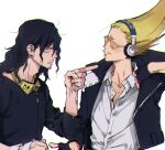  2boys amplifier annoyed black_hair blonde_hair boku_no_hero_academia boots confused costume crested_hair epaulettes eraser_head_(boku_no_hero_academia) eye_contact eyewear_around_neck facial_hair fingerless_gloves gloves goggles hair_between_eyes hair_up headphones jacket long_bangs long_hair looking_at_another male_focus multiple_boys mustache partially_unbuttoned pointing_at_another present_mic scar scar_on_face scarf simple_background standing standing_on_one_leg stubble studded_jacket sunglasses tinted_eyewear twitter_username upper_body ura_musi white_background 