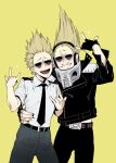  2boys :d \m/ age_comparison amplifier belt blonde_hair boku_no_hero_academia costume cowboy_shot crested_hair dual_persona facial_hair fingerless_gloves gloves hair_up hand_on_another&#039;s_waist headphones long_hair male_focus multiple_boys mustache open_mouth present_mic quiff school_uniform short_hair smile star_(symbol) sunglasses teeth tinted_eyewear u.a._school_uniform ura_musi yellow_background 