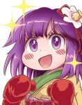  bangs blunt_bangs blush bow boxing_gloves chibi derivative_work flower green_kimono hair_flower hair_ornament happy hieda_no_akyuu japanese_clothes kimono open_mouth parody purple_eyes purple_hair red_bow red_skirt short_hair simple_background skirt sparkle touhou v-shaped_eyebrows white_background yellow_kimono 