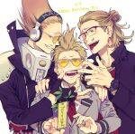  3boys :d age_comparison amplifier belt blonde_hair boku_no_hero_academia costume crested_hair dated english_text epaulettes facial_hair finger_in_mouth fingerless_gloves glasses gloves green_eyes hair_up hand_on_another&#039;s_face hand_on_another&#039;s_shoulder happy_birthday headphones holding holding_plant jacket jewelry long_hair looking_at_another looking_at_viewer making_faces male_focus mixed-language_text multiple_boys multiple_persona mustache open_mouth plant present_mic quiff school_uniform short_hair sideways_glance sideways_mouth simple_background smile studded_belt studded_jacket sunglasses tag tied_hair tinted_eyewear translation_request u.a._school_uniform upper_body ura_musi watch white_background wristwatch 