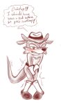  anthro blush clothing desperation dialogue fang_the_sniper full_bladder hat headgear headwear hi_res holding_crotch male mammal mustela mustelid musteline omorashi potty_dance sega simple_background solo sonic_the_fighters sonic_the_hedgehog_(series) text true_musteline unknown_artist white_background 