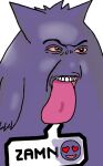  gengar ghost humanoid male meme nintendo pok&eacute;mon pok&eacute;mon_(species) purple_body red_eyes short_arms solo speech_bubble spirit tongue tongue_out video_games wooperanon zamn 