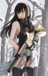  1girl assault_rifle bangs black_legwear black_scarf brown_eyes brown_hair brown_sweater_vest closed_mouth cyka eyebrows_visible_through_hair feet_out_of_frame girls&#039;_frontline gloves grey_gloves gun headset highres holding holding_gun holding_weapon leotard long_hair looking_away m4_carbine m4a1_(girls&#039;_frontline) multicolored_hair rifle scarf snowflakes solo standing sweater_vest thighhighs tree weapon winter 