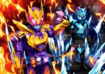  2boys animal_hood barid_rex barid_vice blizzard blue_armor blue_eyes bodysuit clenched_hands demon_boy extra_eyes flame_print gloves gold_horns handshake highres hood ice kamen_rider kamen_rider_revi kamen_rider_revice kamen_rider_vice multiple_boys open_hand otokamu purple_armor purple_bodysuit red_eyes revice_driver rex_genome rider_belt sharp_teeth teeth vistamp volcano_genome volcano_rex yellow_eyes yellow_gloves 