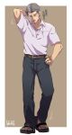  1boy artist_logo artist_name belt black_pants brown_background cigarette closed_eyes collarbone fingernails fujiwara_bunta full_body grey_hair hand_on_hip hand_on_own_head initial_d looking_down male_focus mature_male nail pants purple_shirt sandals sanwari_(aruji_yume) shirt simple_background smoking solo standing sweat walking 