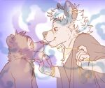  anthro artdecade blowing_smoke clothing cultist dominant dominant_male duo eyewear facial_piercing gerrark glasses gold_(metal) gold_jewelry hyaenid hypnosis jewelry male male/male mammal mind_control nose_piercing nose_ring piercing robe smoking ursid willy_(artdecade) 