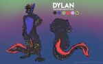  4_toes anthro baymaws black_body black_fur canid canine canis chest_tuft crotch_tuft digital_media_(artwork) dylan_the_derg-wuff english_text feet fluffy fluffy_tail fur green_eyes hair hand_on_hip hi_res horn hybrid male mammal model_sheet ombre_tail pink_body pink_fur purple_body purple_fur red_body red_fur red_horn slightly_muscular smile smirk solo striped_body striped_fur stripes text toes tuft wolf wolf-dragon yellow_body yellow_fur 