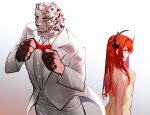  1boy 1girl animal_ears arknights arms_up bangs bare_back blazer bow bowtie breasts closed_mouth demon_horns dress eyebrows_visible_through_hair feet_out_of_frame formal highres horns jacket long_hair looking_at_another mountain_(arknights) purple_eyes red_bow red_bowtie red_hair shirt simple_background standing suit surtr_(arknights) talnory tiger_boy tiger_ears white_jacket white_shirt white_suit yellow_dress 
