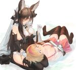  2girls animal_ears bangs bare_shoulders black_dress blush boots breasts brown_hair closed_eyes detached_sleeves djeeta_(granblue_fantasy) dress extra_ears eyebrows_visible_through_hair fishofthelakes galleon_(granblue_fantasy) gloves granblue_fantasy highres horns lap_pillow large_breasts long_hair multicolored_hair multiple_girls pointy_ears sideboob streaked_hair thigh_boots thighhighs very_long_hair white_gloves yuri 