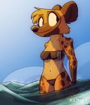  2022 anthro black_nose blue_eyes blue_sky brown_body brown_fur clothing cloud diana_(katnay) female fur hyaenid katnay looking_aside mammal navel signature sky smile solo spotted_hyena swimming swimwear water worn_down_children 