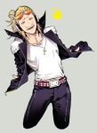  1boy belt belt_buckle blonde_hair boku_no_hero_academia buckle bulge collarbone costume cowboy_shot cropped_legs cross cross_necklace epaulettes eyewear_on_head facial_hair fingerless_gloves gloves green_eyes grey_background hands_in_pockets headphones high_collar highres jacket jewelry long_hair looking_at_viewer male_focus midriff_peek mustache necklace open_clothes open_jacket open_mouth pants piyo_piyo_(phrase) present_mic shirt simple_background smile solo studded_belt studded_jacket sunglasses tied_hair tight tight_pants tinted_eyewear twitter_username ura_musi white_shirt 