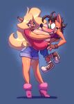  activision anthro bandicoot big_breasts big_butt bigdad blonde_hair bottomwear breasts brown_hair butt cleavage clothed clothing crash_bandicoot crash_bandicoot_(series) denim duo ear_piercing female hair hi_res high_heels hotpants huge_breasts larger_female long_hair long_legs male mammal marsupial nipple_outline piercing shorts size_difference small_waist smaller_male tawna_bandicoot video_games wide_hips 