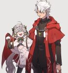  1boy 1girl ahoge amakusa_shirou_(fate) bangs cloak closed_eyes coat cross elbow_gloves eyebrows_behind_hair eyebrows_visible_through_hair fate/grand_order fate_(series) gloves hair_ribbon headpiece highres jeanne_d&#039;arc_(fate) jeanne_d&#039;arc_alter_santa_lily_(fate) long_hair looking_at_another necktie open_mouth ponytail ribbon santa_costume short_hair silver_hair smile thighhighs tofu_(bean359) 