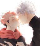  2boys bangs black_jacket black_shirt blush closed_eyes facial_mark gojou_satoru high_collar hood hood_down hoodie incoming_kiss itadori_yuuji jacket jujutsu_kaisen male_focus multiple_boys nashinashisi pink_hair puckered_lips red_hoodie shirt short_hair undercut upper_body white_hair yaoi 