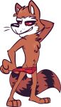  anthro clothing goronic guardians_of_the_galaxy hand_behind_head male mammal marvel procyonid raccoon rocket_raccoon solo speedo speedo_only swimwear thumb_in_waistband 