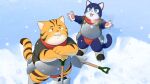  16:9 2022 anthro armor asian_clothing blue_body clothing detailed_background domestic_cat duo east_asian_clothing felid feline felis fundoshi hi_res humanoid_hands japanese_clothing kemono male mammal norijaga outside overweight overweight_male pantherine red_clothing red_fundoshi red_underwear shovel snow tiger tools underwear widescreen yellow_body 