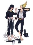  2boys amplifier annoyed barefoot belt belt_buckle black_hair blonde_hair boku_no_hero_academia boots buckle confused costume crested_hair epaulettes eraser_head_(boku_no_hero_academia) eye_contact eyewear_around_neck facial_hair fingerless_gloves gloves goggles hair_between_eyes hair_up headphones highres jacket jumpsuit long_bangs long_hair looking_at_another male_focus multiple_boys mustache partially_unbuttoned pointing_at_another present_mic scar scar_on_face scarf shoes shoes_removed simple_background standing standing_on_one_leg stubble studded_belt studded_jacket sunglasses tinted_eyewear twitter_username ura_musi utility_belt white_background 