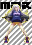  1girl assault_rifle bandaid bandaid_on_knee bangs character_name commentary_request desert_tech_mdr full_body girls&#039;_frontline gun hair_over_one_eye highres holding holding_gun holding_weapon hood hood_down hoodie legs_apart long_hair mdr_(girls&#039;_frontline) one_eye_closed one_side_up pink_eyes pink_hair rifle sakurapiyo2 shoes shorts smile solo standing striped striped_background weapon white_hair yellow_shorts 