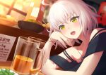  1girl ahoge alcohol bangs beer blush bowl cup dating drinking_glass eyebrows_behind_hair eyebrows_visible_through_hair fate/grand_order fate_(series) food glass hair_between_eyes indoors izakaya jeanne_d&#039;arc_(alter)_(fate) jeanne_d&#039;arc_(fate) looking_at_viewer off_shoulder open_mouth patori plate short_hair silver_hair solo upper_body wicked_dragon_witch_ver._shinjuku_1999 yellow_eyes 