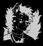  anthro artdecade black_and_white chest_tuft clothing ear_piercing ear_ring eyebrows eyewear facial_piercing gerrark glasses hair hyaenid jewelry male mammal monochrome necklace nose_piercing nose_ring piercing raised_eyebrow robe smile smirk smug_face solo tuft white_hair 