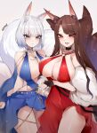  2girls akagi_(azur_lane) akagi_(ruby-laced_beauty)_(azur_lane) animal_ear_fluff animal_ears azur_lane blue_dress breasts brown_hair brown_tail choker cleavage dress evening_gown feather_boa fox_ears fox_girl fox_tail highres huge_breasts jewelry kaga_(azur_lane) kaga_(exalted_white_wings)_(azur_lane) kive long_hair medium_hair multiple_girls multiple_tails o-ring_dress official_alternate_costume red_dress red_eyes tail very_long_hair white_hair white_tail 