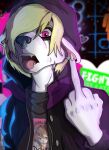  angry bird_finger black_and_white blonde_hair canid canine canis clothed clothing domestic_dog emo graffitti hair hi_res hoodie husky light lighting mammal monochrome neon nordic_sled_dog piercing punk sfw shirt spitz t-shirt tongue_and_nose_piercing topwear vulgar 