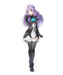  1girl alternate_costume ankle_boots armor bangs black_armor blush boots breasts circlet closed_mouth dress fire_emblem fire_emblem:_the_blazing_blade fire_emblem_heroes florina_(fire_emblem) full_body gloves green_eyes hand_up highres jewelry long_hair long_sleeves looking_at_viewer medium_breasts non-web_source official_art parted_bangs purple_hair ringozaka_mariko shiny shiny_hair short_dress smile solo standing thighhighs torn_clothes transparent_background white_dress zettai_ryouiki 