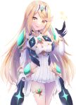 absurdres amanoru_mozuku bangs bare_legs bare_shoulders blonde_hair breasts chest_jewel cleavage cleavage_cutout clothing_cutout dress earrings elbow_gloves gem gloves headpiece highres jewelry large_breasts long_hair mythra_(xenoblade) short_dress swept_bangs thigh_strap tiara very_long_hair white_dress white_gloves xenoblade_chronicles_(series) xenoblade_chronicles_2 yellow_eyes 