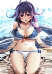  1girl absurdres ahoge bare_arms bare_legs bare_shoulders bikini blush breasts collarbone eyebrows_visible_through_hair hair_between_eyes hair_flaps highres kantai_collection large_breasts long_hair looking_at_viewer low_twintails navel official_alternate_costume open_mouth partially_submerged purple_hair red_eyes solo swimsuit taigei_(kancolle) twintails white_bikini yunamaro 