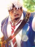  1boy :d ^_^ akiha_gongen_(housamo) alternate_costume backlighting bandaid bandaid_on_nose bara between_pectorals casual closed_eyes commentary_request dark-skinned_male dark_skin face facial_hair gakuran goatee highres holding horns light looking_at_viewer male_focus multicolored_hair muscular muscular_male necktie necktie_between_pectorals pectoral_cleavage pectorals saro_(rotsw_00022) scar scar_across_eye scar_on_cheek scar_on_face school_uniform selfie short_hair sideburns single_horn smile solo thick_eyebrows tokyo_afterschool_summoners two-tone_hair upper_body white_hair 
