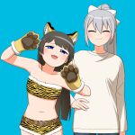  abekawa animal_ears animal_hands animal_print belt black_hair casual closed_eyes hair_between_eyes hand_on_hip higuchi_kaede long_hair midriff mole mole_under_eye navel nijisanji short_shorts shorts silver_hair smile strapless tiger_ears tiger_print tsukino_mito tube_top virtual_youtuber 