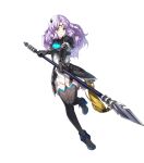  1girl alternate_costume ankle_boots armor bangs black_armor boots breasts circlet dress fire_emblem fire_emblem:_the_blazing_blade fire_emblem_heroes florina_(fire_emblem) full_body gloves green_eyes highres holding holding_weapon jewelry leg_up long_hair long_sleeves looking_away medium_breasts non-web_source official_art open_mouth parted_bangs polearm purple_hair ringozaka_mariko shiny shiny_hair short_dress solo spear thighhighs torn_clothes transparent_background weapon white_dress zettai_ryouiki 