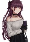  1girl bag bangs bare_shoulders black_choker black_gloves black_skirt blush cellphone choker closed_mouth commentary english_commentary eyebrows_visible_through_hair girls&#039;_frontline gloves hair_ornament handbag highres holding holding_phone long_hair long_sleeves looking_at_viewer off_shoulder phone purple_hair red_eyes selcky simple_background skirt smartphone solo wa2000_(girls&#039;_frontline) white_background 
