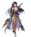  1girl bangs bare_shoulders black_eyes black_hair breasts cleavage collarbone detached_collar dress fire_emblem fire_emblem:_the_blazing_blade fire_emblem_heroes full_body gold_trim hair_ornament hand_up highres holding holding_weapon karla_(fire_emblem) kita_senri loincloth long_hair looking_at_viewer medium_breasts non-web_source official_art pantyhose parted_lips polearm shiny shiny_clothes short_sleeves spear standing strapless strapless_dress toeless_footwear toes weapon wide_sleeves 