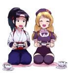  2girls blonde_hair blue_hair cup dualsense hakama happy japanese_clothes multiple_girls oni_gini playing_games playstation_controller school_uniform seiza shijou_hinako sitting tea teacup the_king_of_fighters the_king_of_fighters_2000 toudou_kasumi wide-eyed 