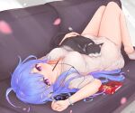  1girl absurdres animal_on_stomach azur_lane black_cat blue_hair breasts cat cellphone couch dress food helena_(azur_lane) highres kyl490 looking_at_viewer lying medium_breasts multicolored_hair on_back petals phone pocky purple_hair short_sleeves smartphone solo streaked_hair two-tone_hair white_dress 