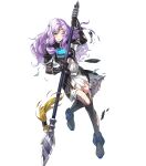  1girl alternate_costume ankle_boots armor bangs black_armor boots breasts circlet dress fire_emblem fire_emblem:_the_blazing_blade fire_emblem_heroes florina_(fire_emblem) full_body gloves green_eyes highres holding holding_weapon jewelry long_hair long_sleeves looking_away medium_breasts non-web_source official_art one_eye_closed parted_bangs parted_lips polearm purple_hair ringozaka_mariko shiny shiny_hair short_dress solo spear thighhighs torn_clothes torn_legwear transparent_background weapon white_dress zettai_ryouiki 
