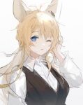  1girl animal_ears antenna_hair arknights bangs black_vest blonde_hair blue_eyes blush collared_shirt eyebrows_visible_through_hair hand_in_hair highres kroos_(arknights) kroos_the_keen_glint_(arknights) long_hair long_sleeves looking_at_viewer one_eye_closed parted_lips qianzhu rabbit_ears shirt simple_background solo upper_body vest white_background white_shirt 