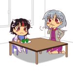  2girls =3 anonymous_(japanese) barefoot bell_pepper black_hair blush blush_stickers chair closed_mouth dress eyebrows_visible_through_hair food fork frown grey_jacket gyate_gyate hair_between_eyes holding holding_fork horns jacket jaggy_lines kijin_seija kishin_sagume long_sleeves multicolored_hair multiple_girls open_clothes open_jacket pepper plate purple_dress red_eyes red_hair short_hair single_wing sitting streaked_hair table touhou vegetable white_hair white_wings wings 