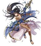  1girl bangs bare_shoulders black_eyes black_hair breasts dress fire_emblem fire_emblem:_the_blazing_blade fire_emblem_heroes full_body gold_trim hair_ornament highres holding holding_weapon karla_(fire_emblem) kita_senri leg_up loincloth long_hair looking_away medium_breasts non-web_source official_art pantyhose parted_lips polearm see-through shiny shiny_hair short_sleeves spear strapless strapless_dress toeless_footwear toes torn_clothes weapon wide_sleeves 