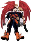  2boys 2elu2 armor bara beard blue_bodysuit blue_eyes bodysuit boku_no_hero_academia covered_abs endeavor_(boku_no_hero_academia) facial_hair feathered_wings fire full_body hawks_(boku_no_hero_academia) highres large_pectorals male_focus mature_male multiple_boys muscular muscular_male pauldrons pectorals red_hair red_wings scar scar_across_eye scar_on_face short_hair shoulder_armor sideburns spiked_hair thick_thighs thighs wings 
