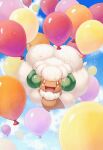  :d balloon cloud commentary_request day floating holding holding_string kuromaru_(vxyn7345) looking_at_viewer no_humans open_mouth orange_eyes outdoors pokemon pokemon_(creature) sky smile solo string tongue whimsicott 