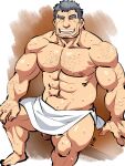  1boy abs anus arm_hair bara beard character_request chest_hair facial_hair facing_viewer feet_out_of_frame grey_hair hairy highres kirupi large_pectorals male_focus mature_male muscular muscular_male naked_towel navel nipples pectorals penis penis_peek sauna short_hair sideburns sitting smile solo spread_anus stomach stubble thick_eyebrows thick_thighs thighs tokyo_afterschool_summoners topless_male towel 