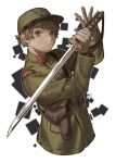  1boy absurdres bangs belt brown_gloves brown_hair flat_cap gloves green_eyes green_headwear green_jacket hands_up hat high_collar highres holding holding_sword holding_weapon imperial_japanese_army jacket male_focus military military_jacket military_uniform original parted_lips revision sam_browne_belt short_hair signature simple_background soldier solo sword tsukino_miyako uniform upper_body weapon world_war_ii 